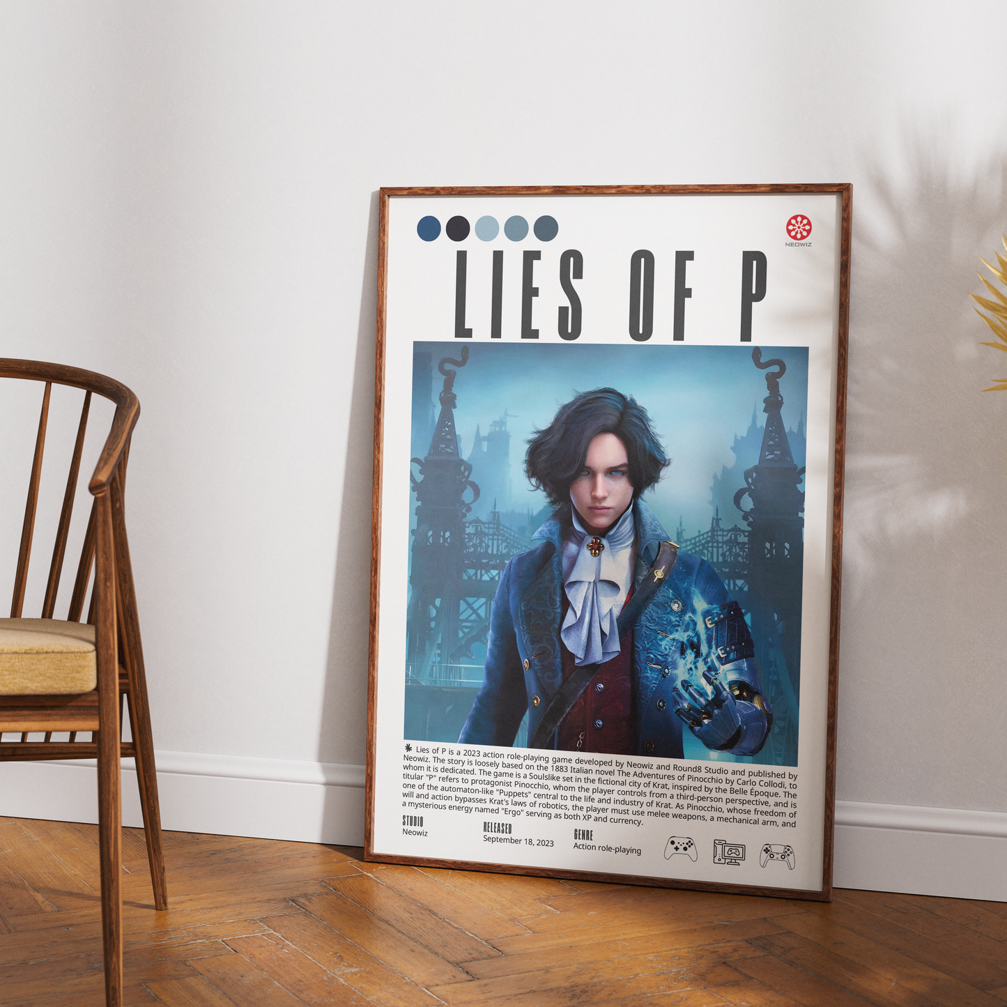 A framed poster of the character Tobias Beate from Lies of P, leaning against a white wall on a wooden floor next to a wooden chair.