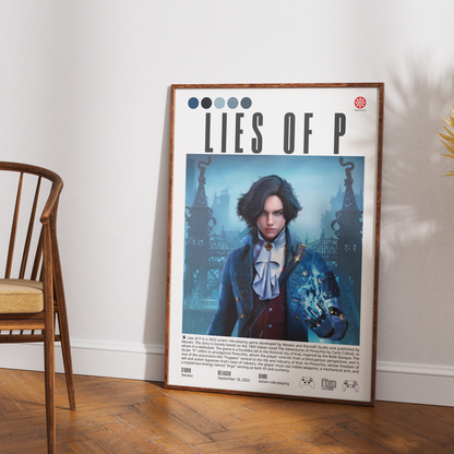 A framed poster of the character Tobias Beate from Lies of P, leaning against a white wall on a wooden floor next to a wooden chair.
