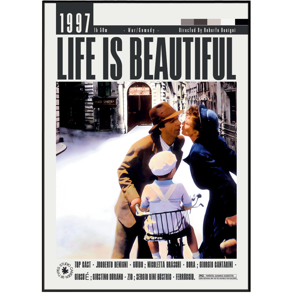 Movie poster for the film 'Life Is Beautiful' (1997) featuring a central photograph of a man, a woman, and a young boy on a bicycle, with bold black title text at the top and credits at the bottom.