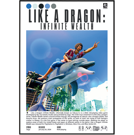 A poster-style product image for the video game Like a Dragon: Infinite Wealth, featuring a large central artwork of a woman riding a dolphin through a city skyline under a blue sky. The title is printed prominently at the top, with small circular color swatches, a game logo, and a long block of descriptive text near the bottom.