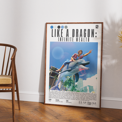A framed poster leaning against a white wall on a wood floor, next to a wooden chair. The poster reads 'LIKE A DRAGON: INFINITE WEALTH' and features an illustration of a person riding a dolphin against a blue sky with buildings.