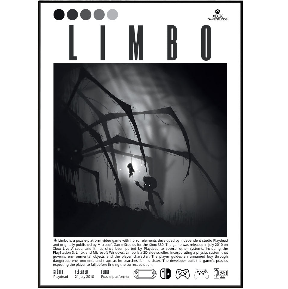 Limbo 2010 game poster — Playdead boy dark monochrome puzzle platformer wall art print UK
 - 98types