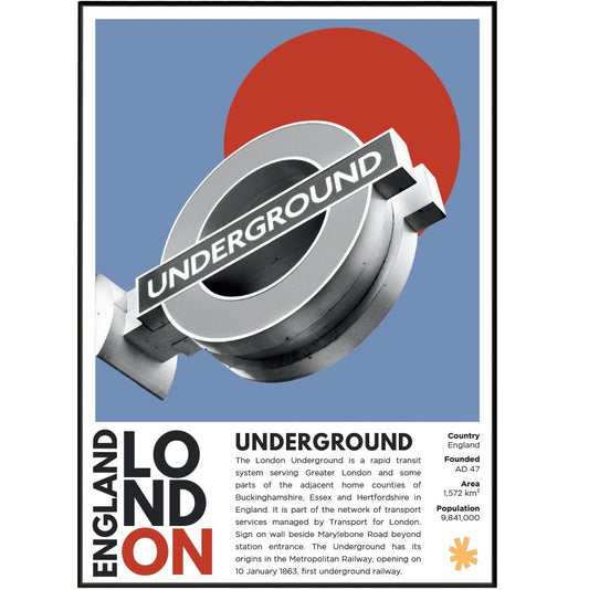 London Underground illustration poster — TfL Tube Roundel Johnston typeface design heritage wall art print UK
