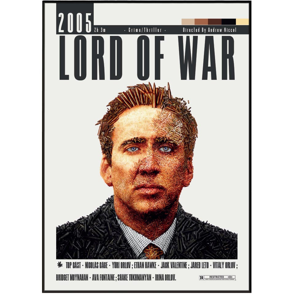 A movie poster for the 2005 film 'Lord of War' featuring a stylized pixelated portrait of Nicolas Cage. The poster has a black border, black title text, and a light gray background.
