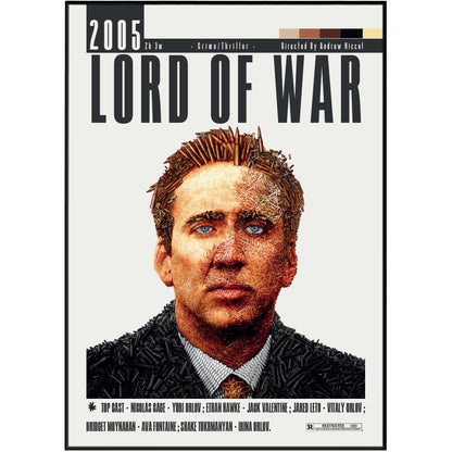 A movie poster for the 2005 film 'Lord of War' featuring a stylized pixelated portrait of Nicolas Cage. The poster has a black border, black title text, and a light gray background.