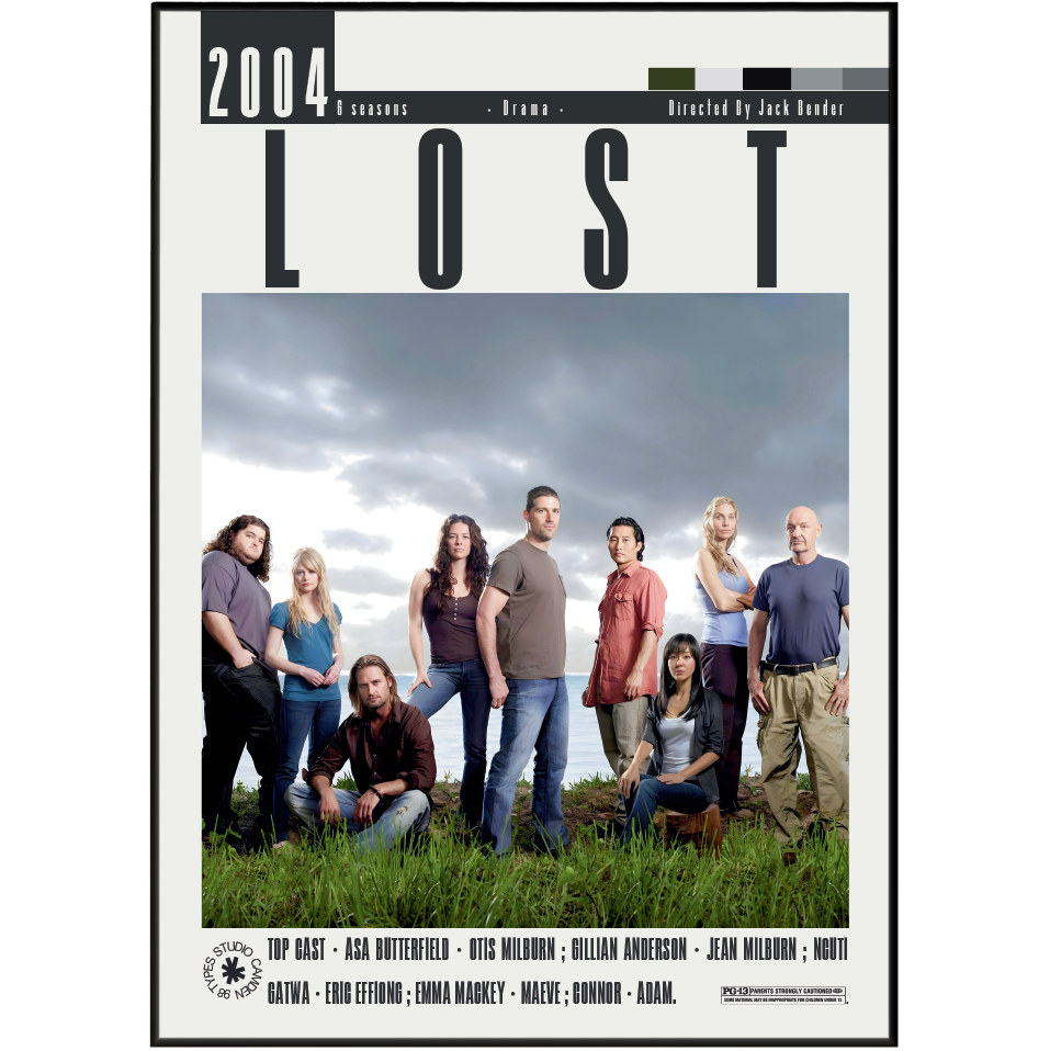 The front cover of the 2004 television series 'Lost' Drama, Volume 1 box set or DVD, featuring the cast standing in a grassy field under a cloudy sky.