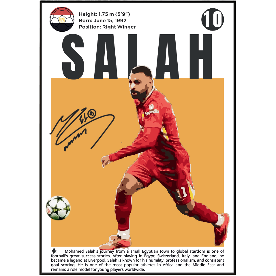 A vertical soccer poster featuring Mohamed Salah in a red Liverpool jersey, with his name 'SALAH' in large black letters, a signature, biographical text, and a black border on a white background.