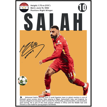 A vertical soccer poster featuring Mohamed Salah in a red Liverpool jersey, with his name 'SALAH' in large black letters, a signature, biographical text, and a black border on a white background.