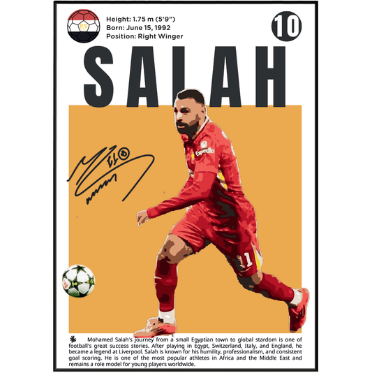 A vertical soccer poster featuring Mohamed Salah in a red Liverpool jersey, with his name 'SALAH' in large black letters, a signature, biographical text, and a black border on a white background.