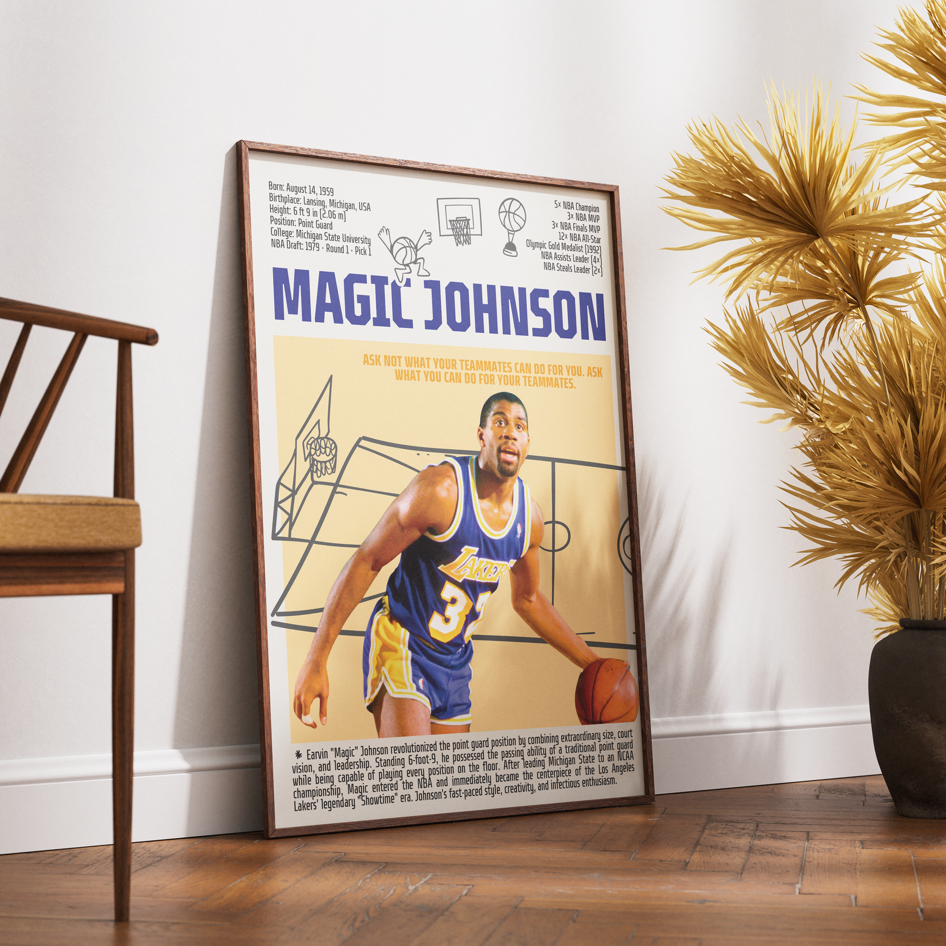 Magic Johnson Showtime Lakers basketball poster — 5x champion 3x MVP minimalist wall art print UK