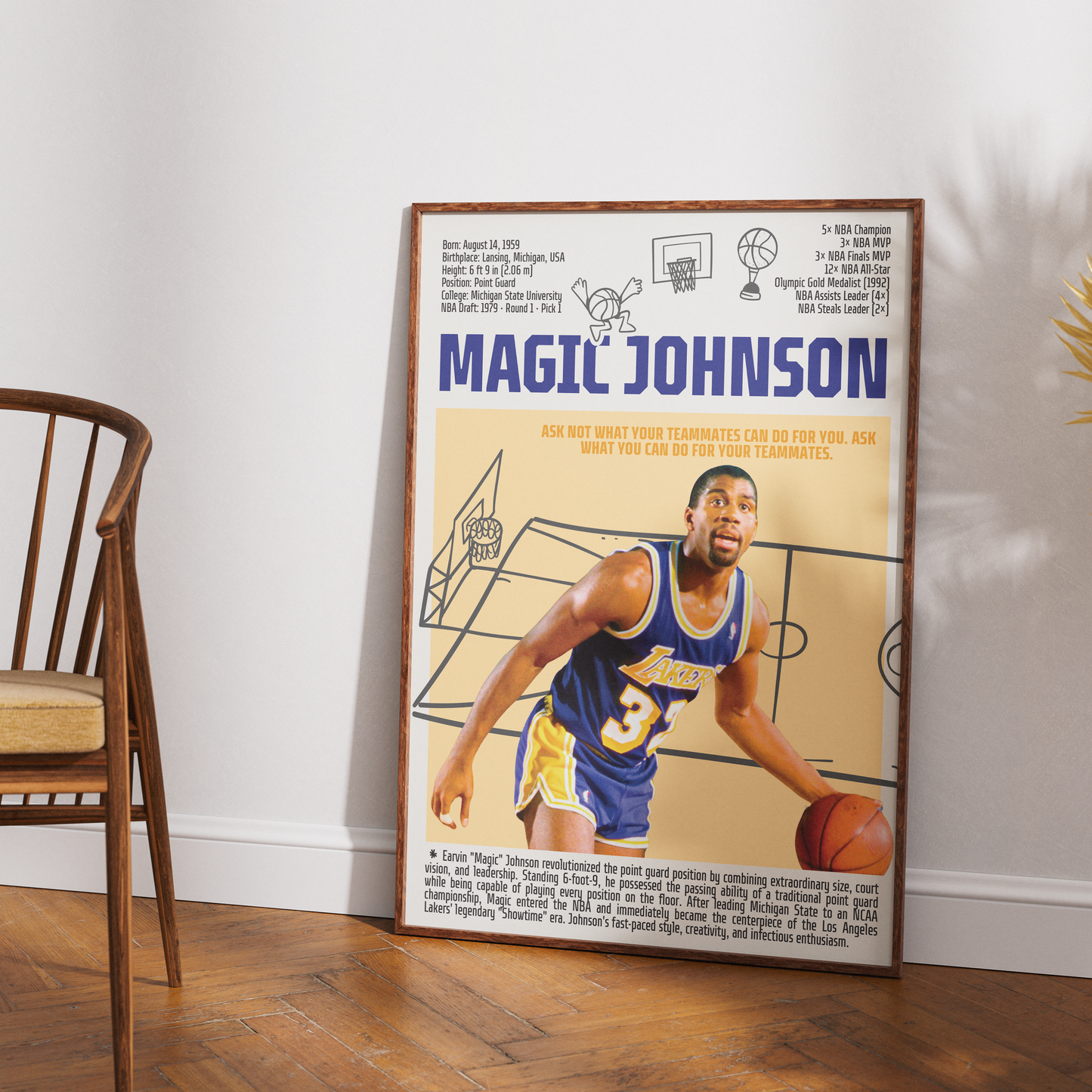 Magic Johnson Showtime Lakers basketball poster — 5x champion 3x MVP minimalist wall art print UK