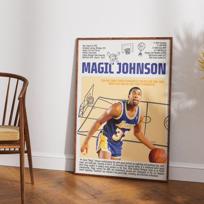 Magic Johnson Showtime Lakers basketball poster — 5x champion 3x MVP minimalist wall art print UK