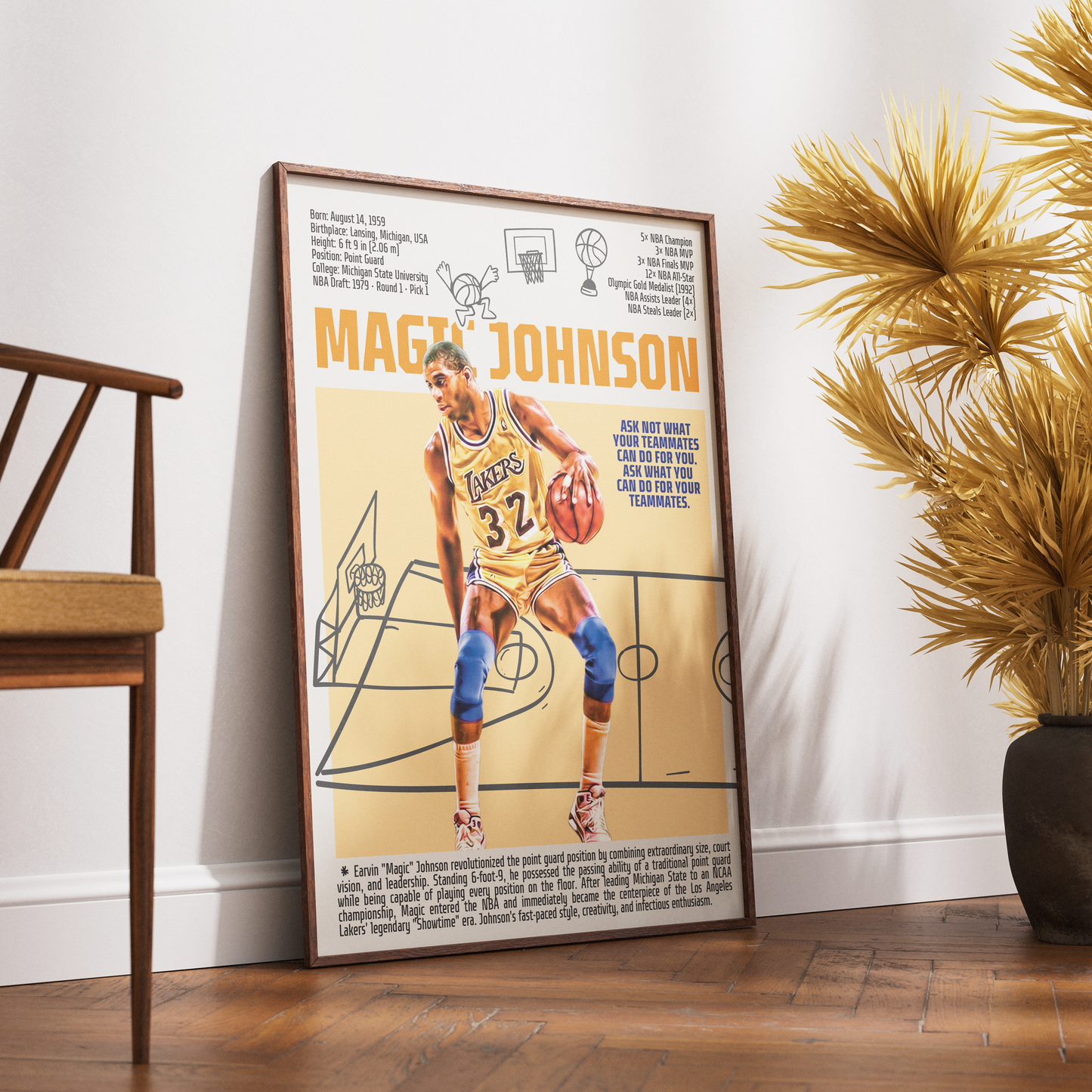 Magic Johnson Showtime Lakers basketball poster — 5x champion 3x MVP minimalist wall art print UK