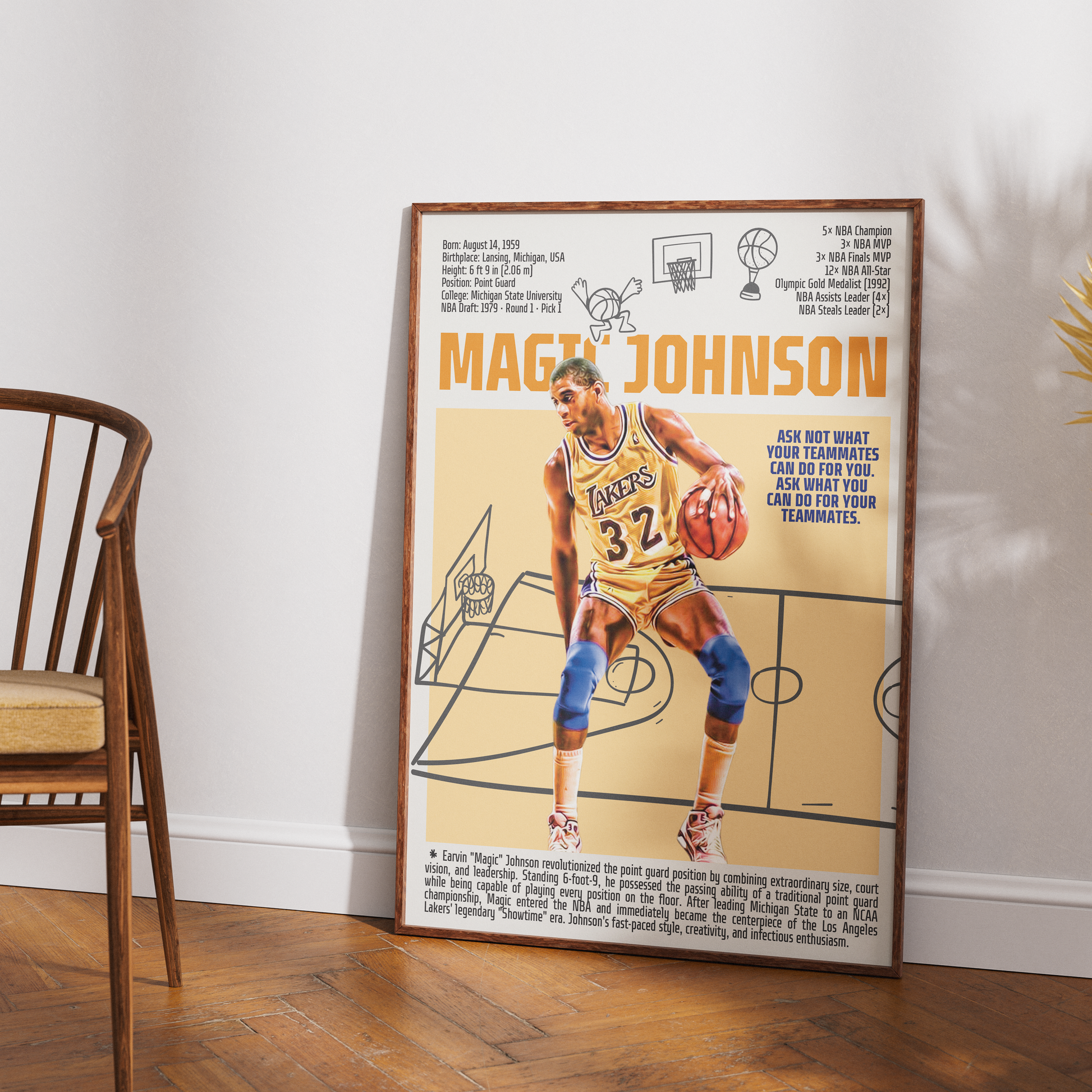 Magic Johnson Showtime Lakers basketball poster — 5x champion 3x MVP minimalist wall art print UK