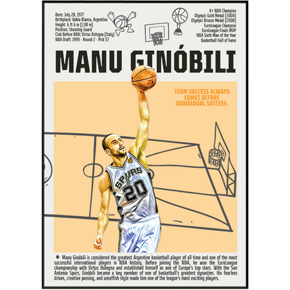 Manu Ginóbili basketball poster — Argentina Spurs 4x champion eurostep legend minimalist wall art print UK