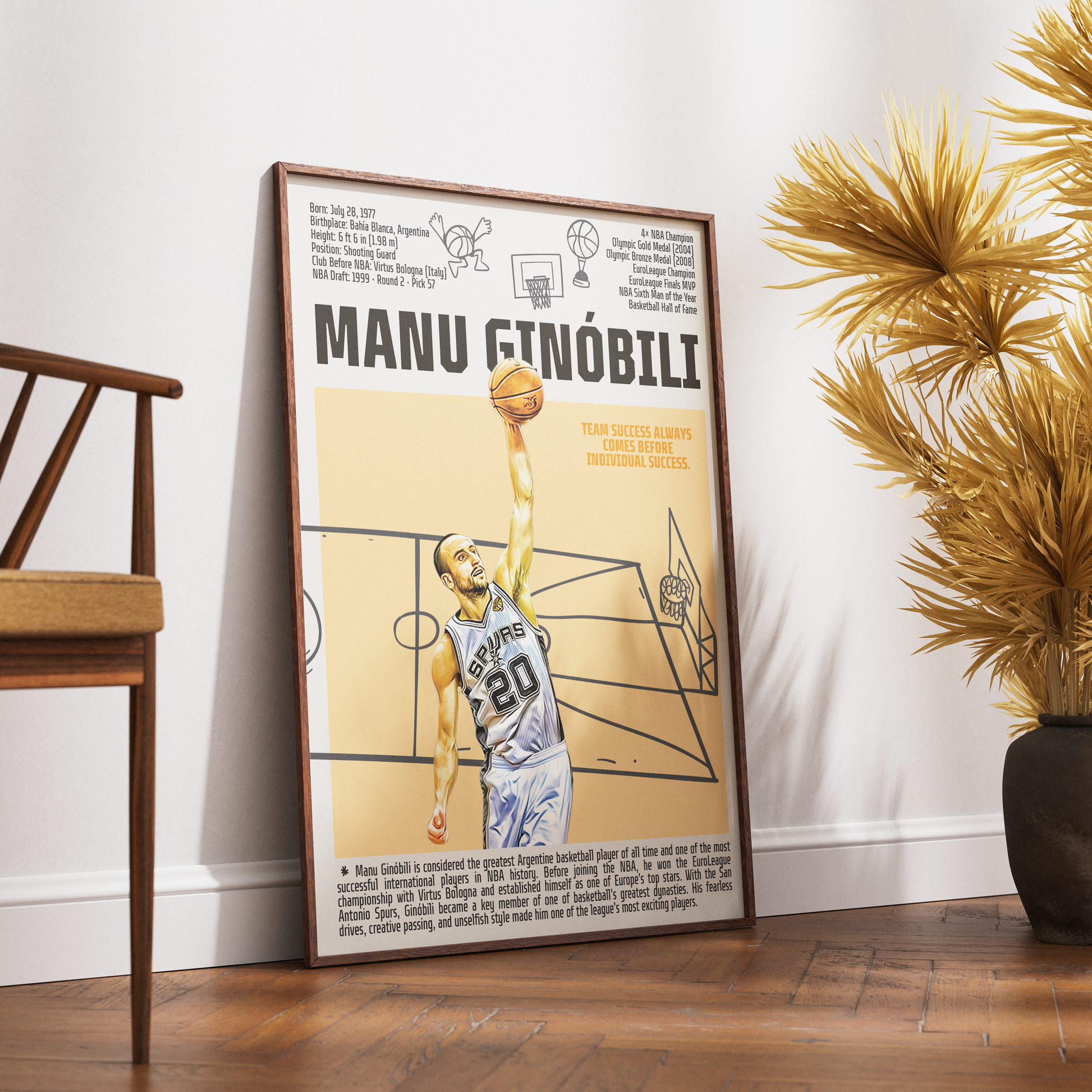 Manu Ginóbili basketball poster — Argentina Spurs 4x champion eurostep legend minimalist wall art print UK