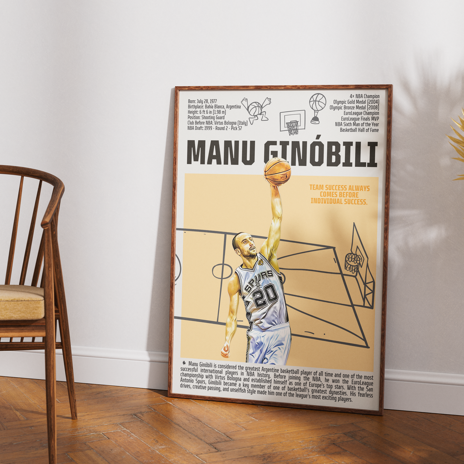 Manu Ginóbili basketball poster — Argentina Spurs 4x champion eurostep legend minimalist wall art print UK