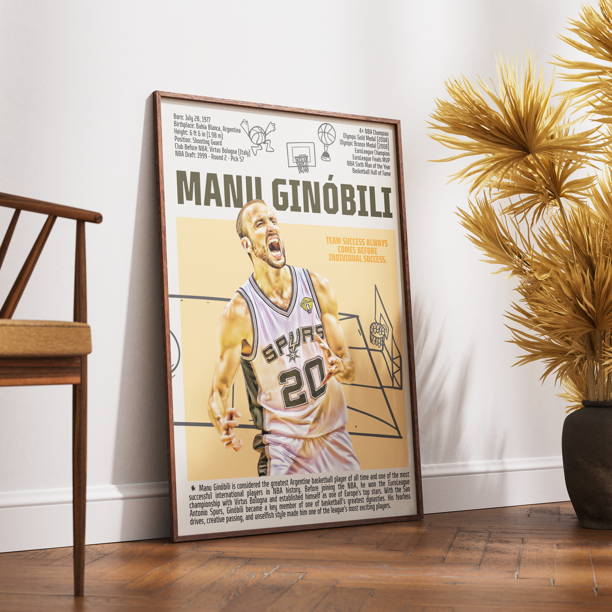 Manu Ginóbili basketball poster — Argentina Spurs 4x champion eurostep legend minimalist wall art print UK