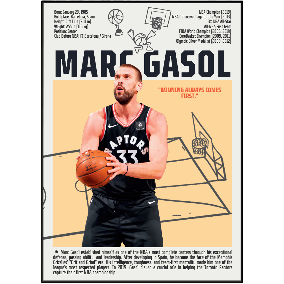 Marc Gasol basketball poster — Spain Memphis Grizzlies 2019 NBA champion DPOY minimalist wall art print UK