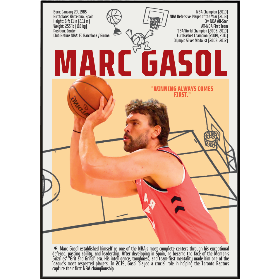 Marc Gasol basketball poster — Spain Memphis Grizzlies 2019 NBA champion DPOY minimalist wall art print UK
