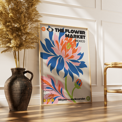 The Flower Market Mexico Dahlia botanical poster print UK — national flower Aztec origins graphic wall art 260gsm printed in England Camden Market