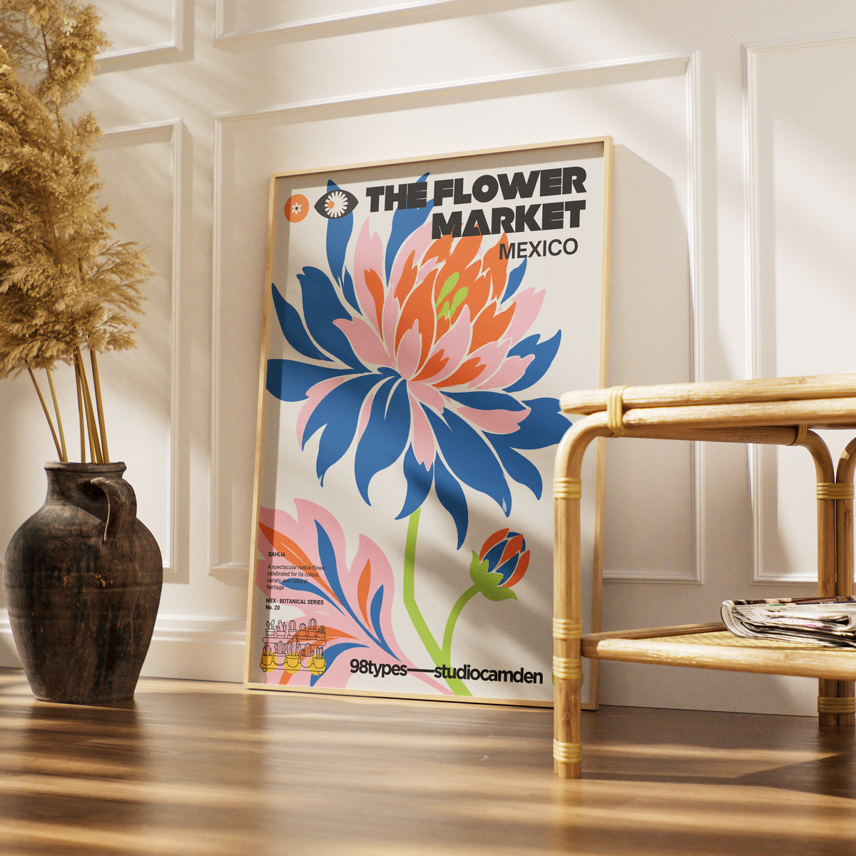 The Flower Market Mexico Dahlia botanical poster print UK — national flower Aztec origins graphic wall art 260gsm printed in England Camden Market