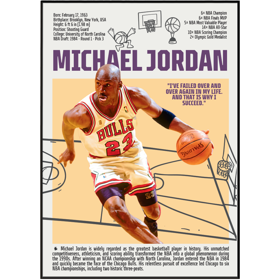 Michael Jordan GOAT basketball poster — Chicago Bulls 6x champion greatest of all time minimalist wall art print UK