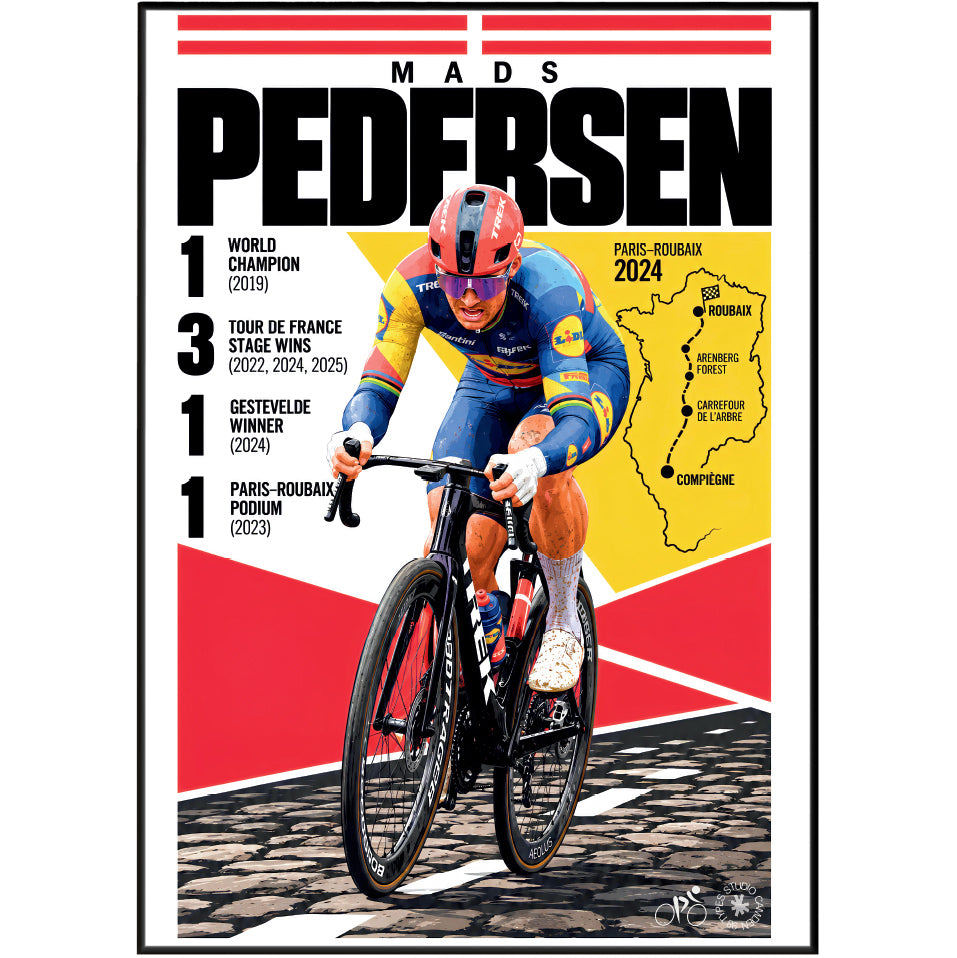 A cycling commemorative poster featuring Mads Pedersen riding a road bike. The poster has a bold graphic design with red, yellow, and white sections, black text listing Pedersen's achievements, and a map of Paris-Roubaix 2024.