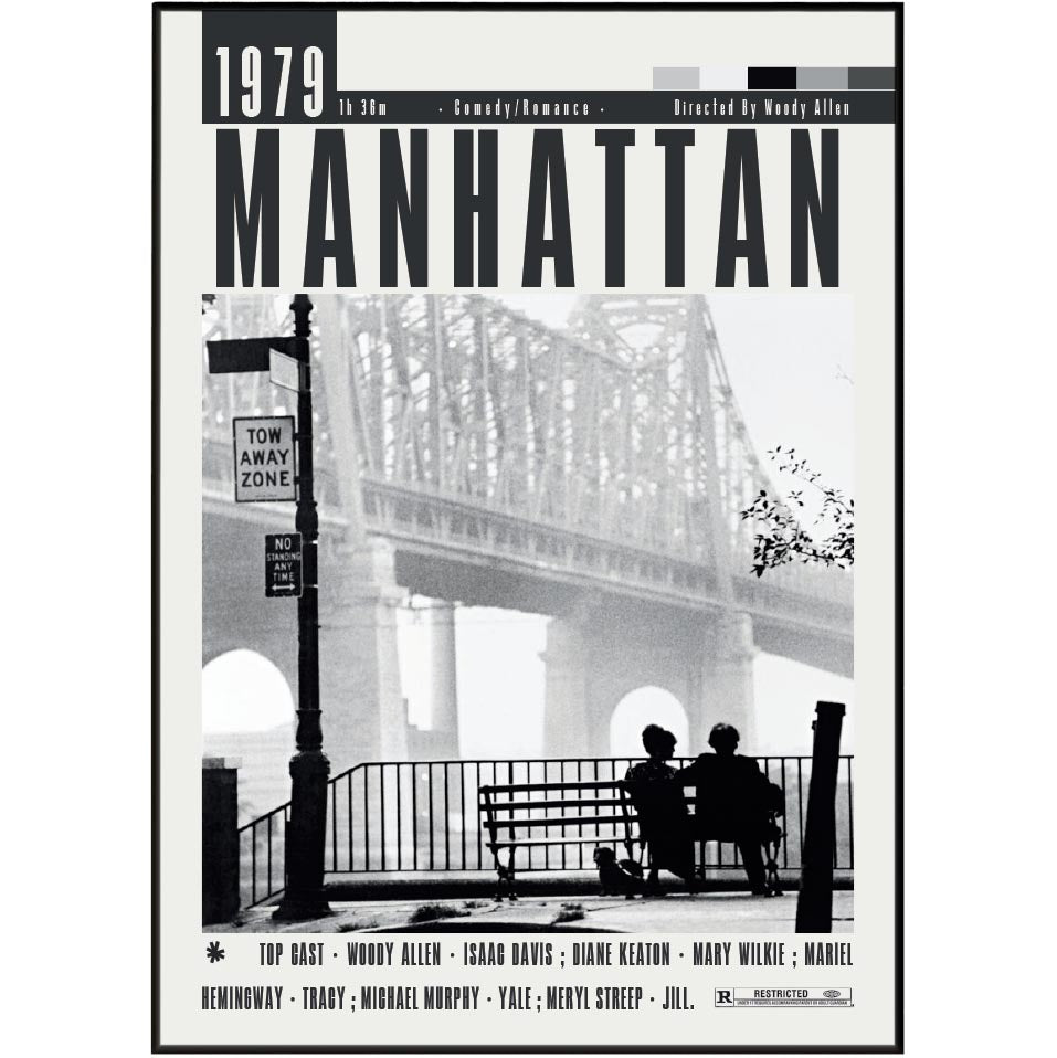 Movie poster for the 1979 film 'Manhattan' featuring a black and white photograph of two people sitting on a bench in front of the Manhattan Bridge, with bold title text and cast names at the bottom.