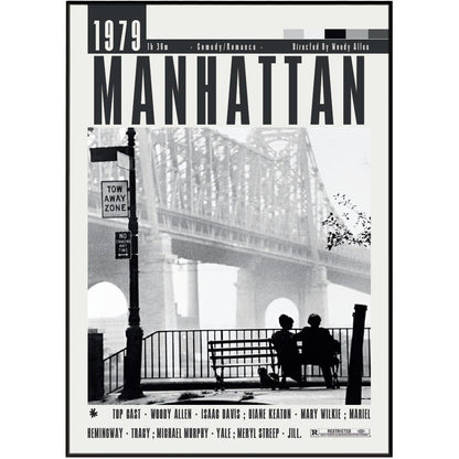 Movie poster for the 1979 film 'Manhattan' featuring a black and white photograph of two people sitting on a bench in front of the Manhattan Bridge, with bold title text and cast names at the bottom.