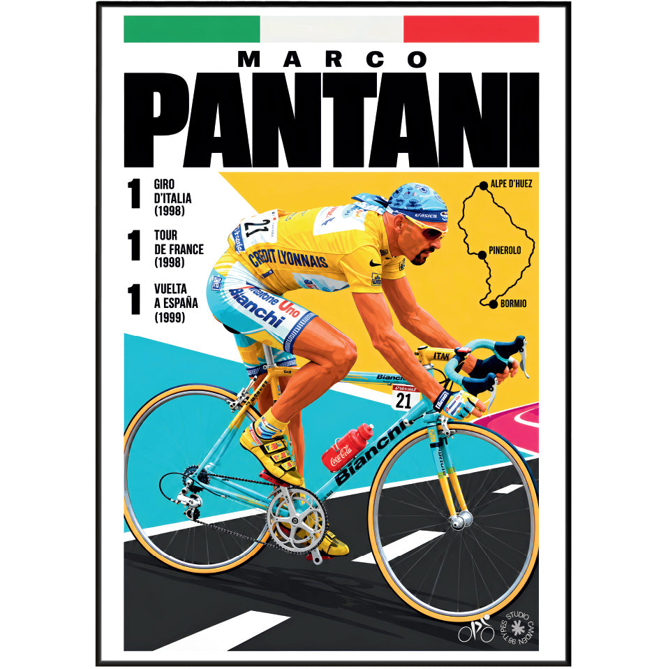 Marco Pantani poster, Italian cycling wall art print in a pain cave - 98types