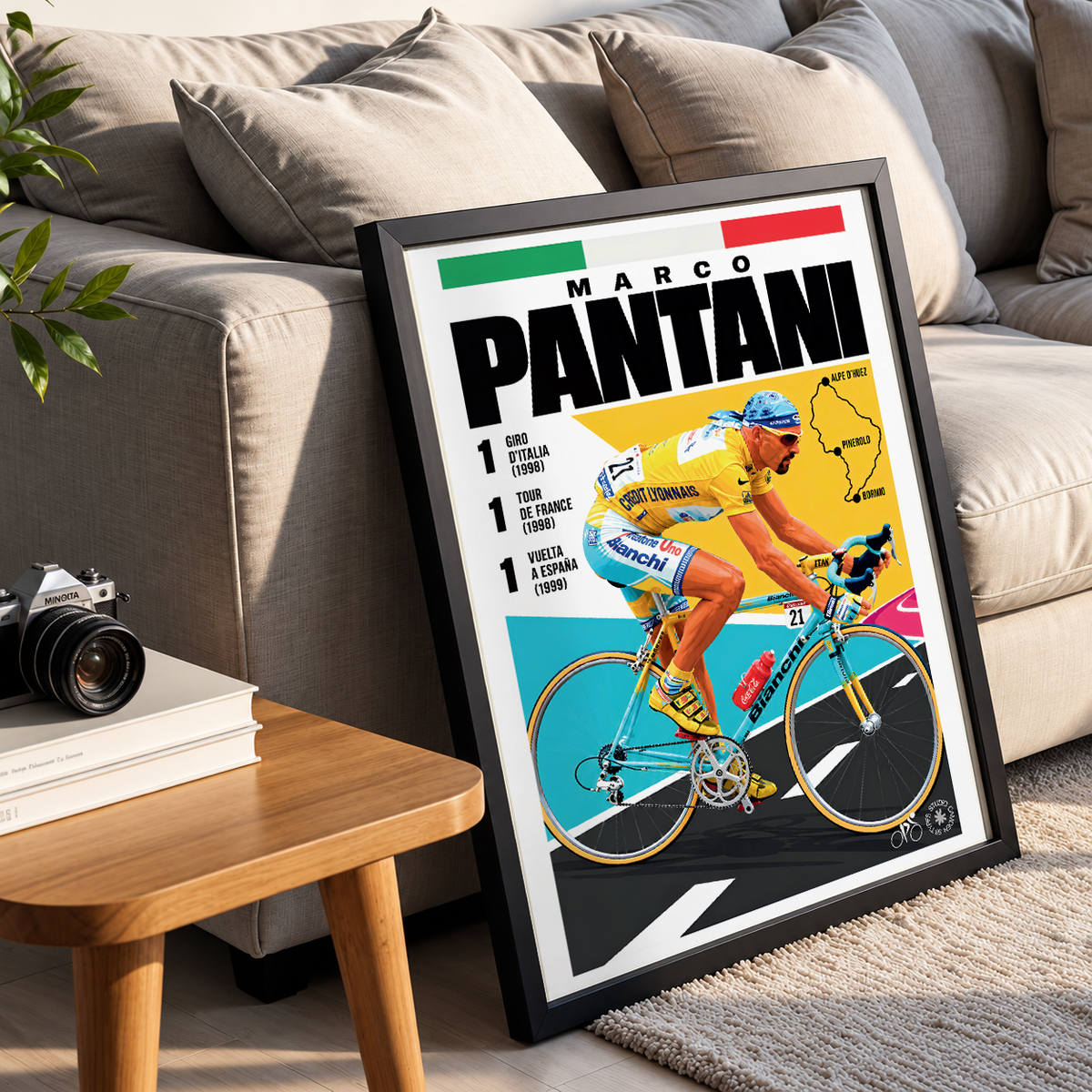 Marco Pantani poster, Italian cycling wall art print in a pain cave - 98types