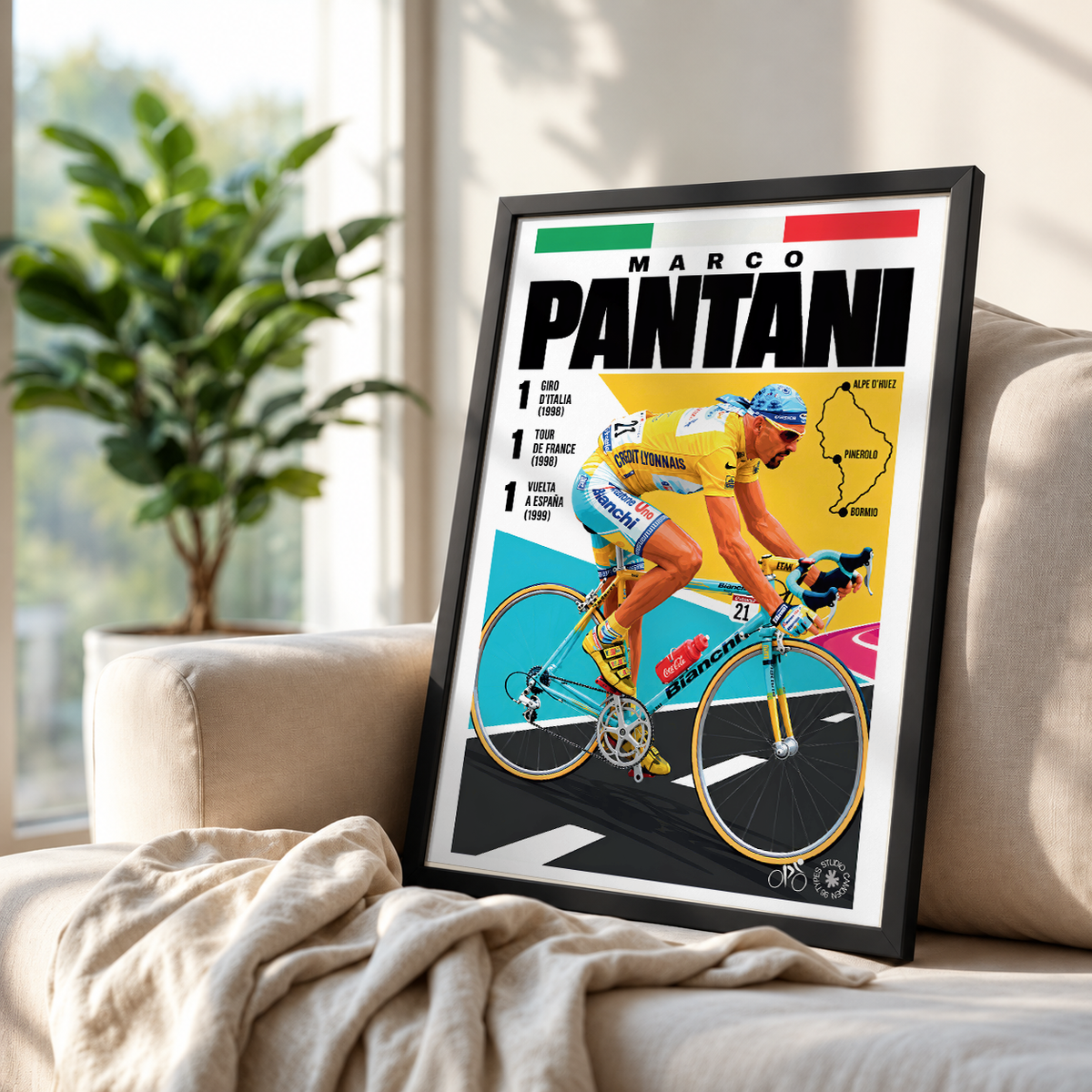 Marco Pantani poster, Italian cycling wall art print in a pain cave - 98types