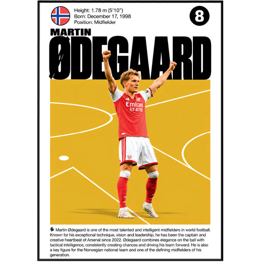 A vertical football player poster or print featuring Martin Odegaard in an Arsenal jersey, with his name in large black letters, a yellow field, white lines, and a black border. Text at the top includes height, birth date, and position; a small flag icon appears near the top left.