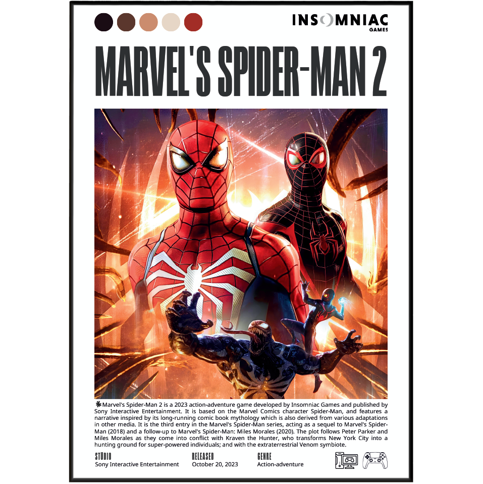 Marvel's Spider-Man 2 2023 poster — Peter Parker Miles Morales Venom Kraven PS5 wall art print UK
