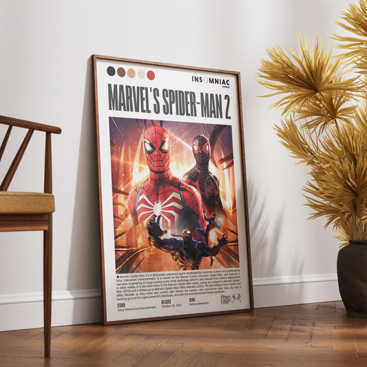 A framed Marvel's Spider-Man 2 movie poster leaning against a white wall on a wooden floor, with a wooden chair on the left and a potted palm on the right.