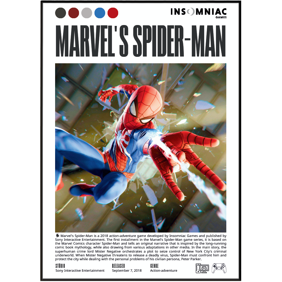 A Marvel's Spider-Man themed poster or print featuring Spider-Man in a dynamic action pose, with the title 'MARVEL'S SPIDER-MAN' at the top and 'INSOMNIAC' branding at the upper right. The design includes colored circles along the top and a block of text at the bottom describing the film.