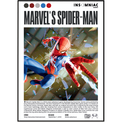 A Marvel's Spider-Man themed poster or print featuring Spider-Man in a dynamic action pose, with the title 'MARVEL'S SPIDER-MAN' at the top and 'INSOMNIAC' branding at the upper right. The design includes colored circles along the top and a block of text at the bottom describing the film.