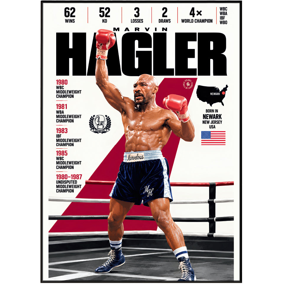 Marvelous Marvin Hagler poster, American boxing wall art print in a man cave - 98types