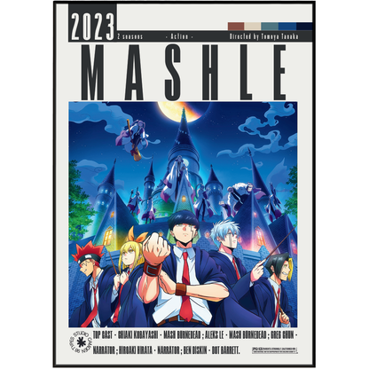 Mashle: 2023 3-seasons action manga book cover, featuring anime characters in front of a castle at night under a full moon.