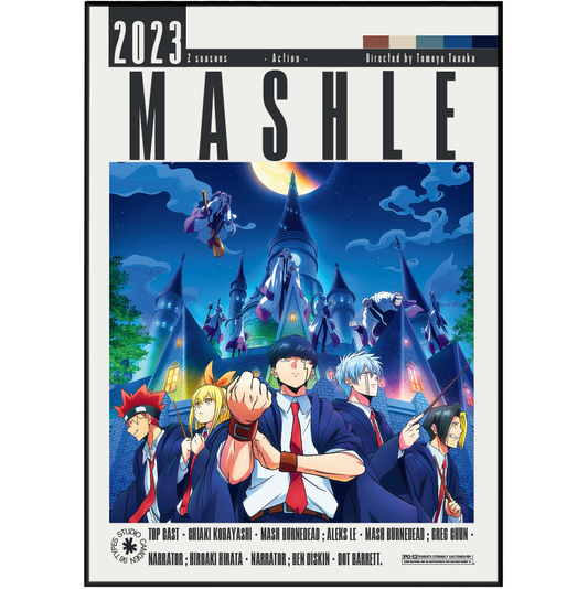 Mashle: 2023 3-seasons action manga book cover, featuring anime characters in front of a castle at night under a full moon.