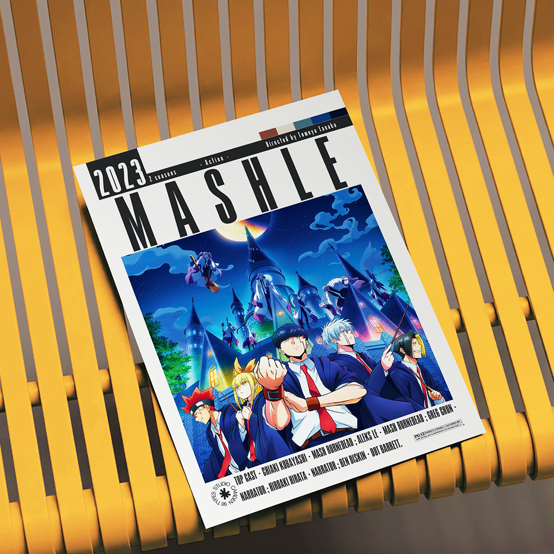 A printed Mashle magazine or comic book cover lies on a yellow slatted bench. The cover features the title “MASHLE” prominently at the top and a colorful anime-style illustration with multiple characters under a blue night sky.