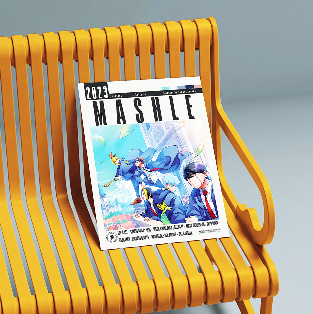 A magazine or book titled "MASHLE 2023" with colorful anime-style cover art, leaning on a bright yellow slatted bench against a soft gray studio background.