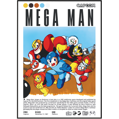 A vintage-style Capcom Megaman poster or print featuring a group illustration of the game characters, including Blue, Red, Green, and Black, with large 'MEGA MAN' text at the top and a block of small descriptive text along the bottom.
