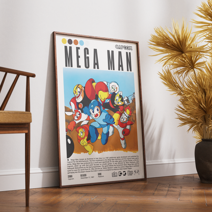 A framed vintage-style MEGA MAN poster leaning against a white wall on a wood floor, with a wooden chair on the left and a potted palm on the right.