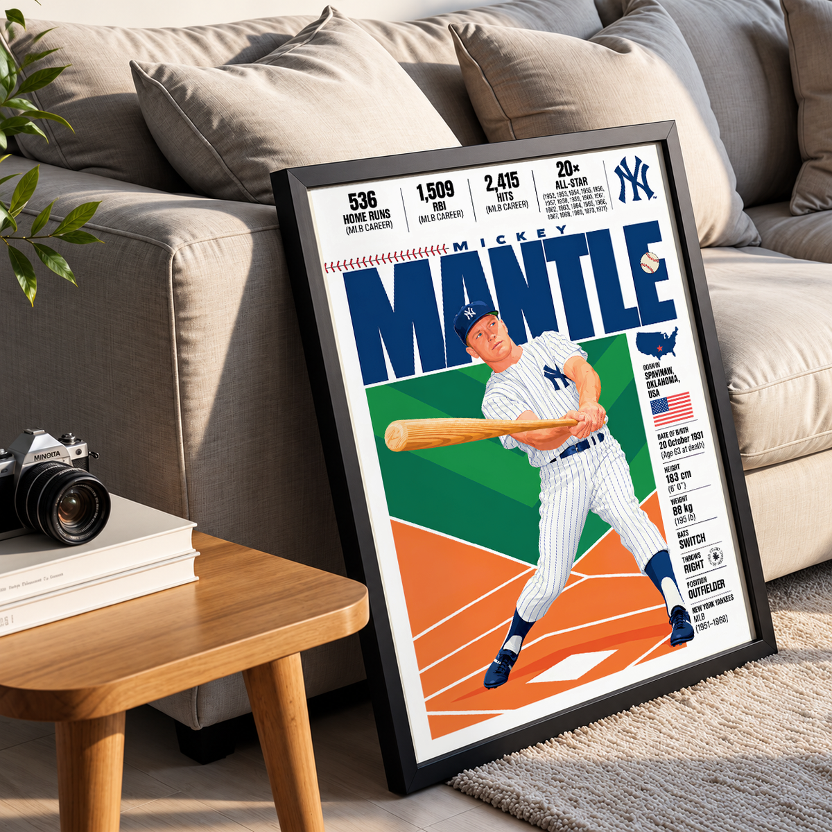 Mickey Mantle poster, New York Yankees baseball wall art print in a living room - 98types