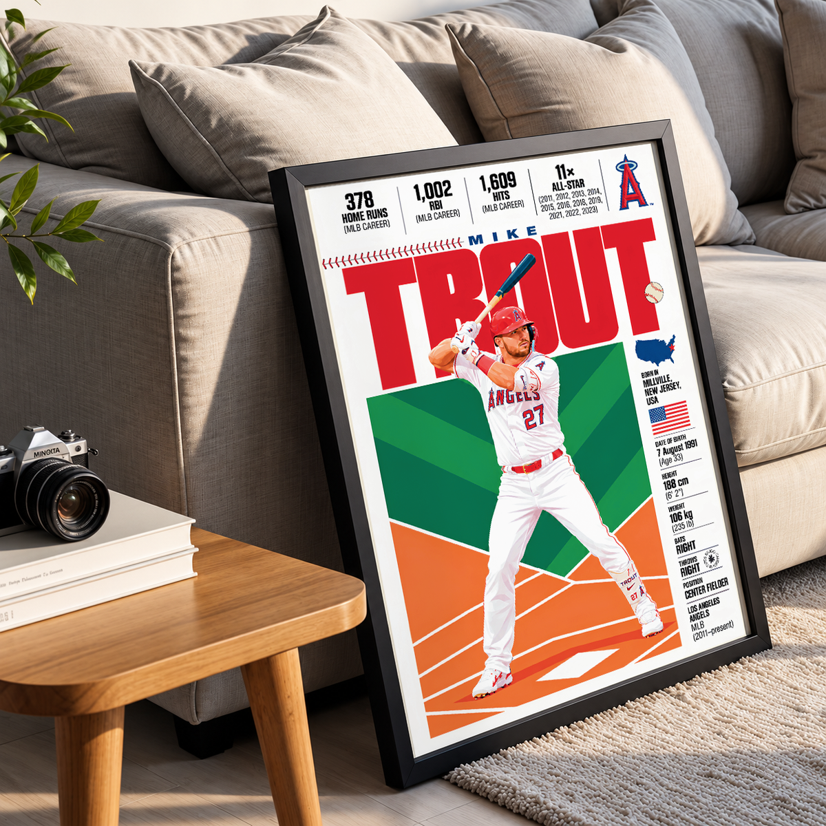 Mike Trout poster, Los Angeles Angels baseball wall art print in a bedroom - 98types