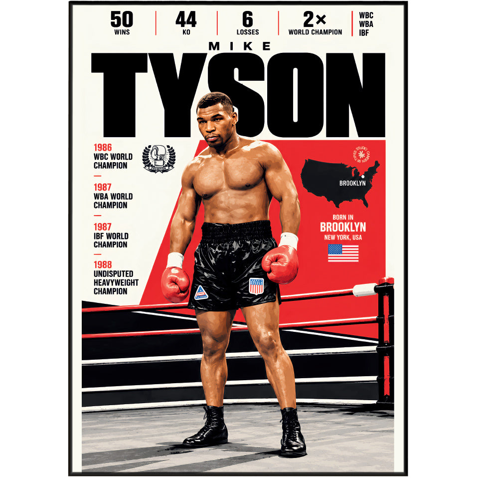 A framed poster print of boxer Mike Tyson standing in a boxing ring, with bold black and red typography, championship stats, a U.S.