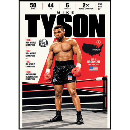 A framed poster print of boxer Mike Tyson standing in a boxing ring, with bold black and red typography, championship stats, a U.S.