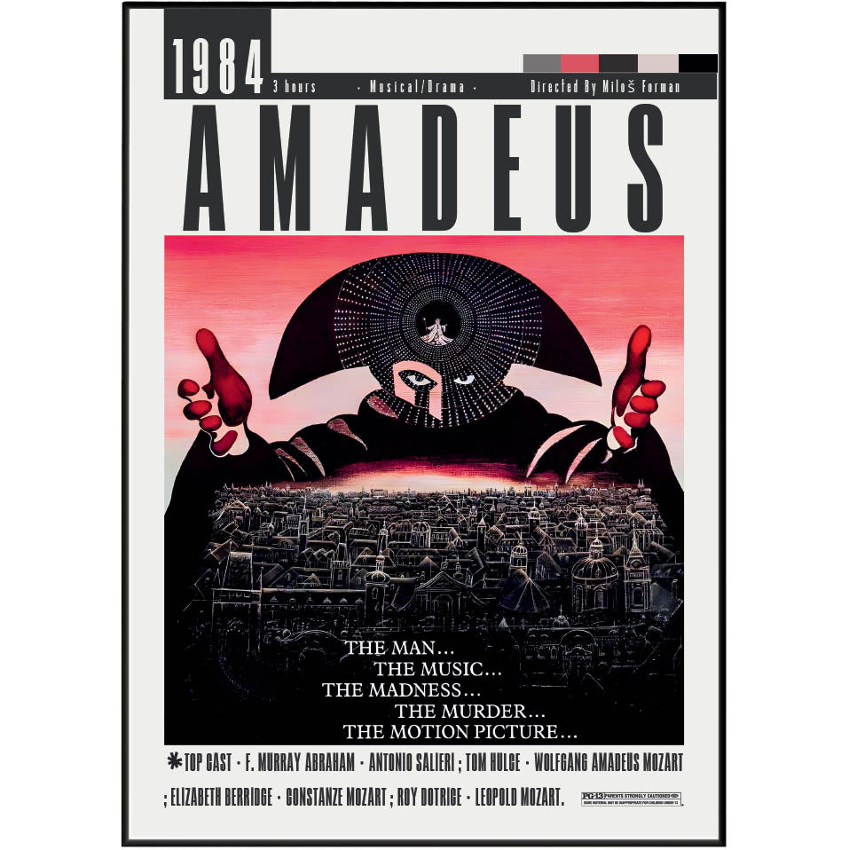Minimalist Amadeus classical music film poster inspired by Mozart biographical drama